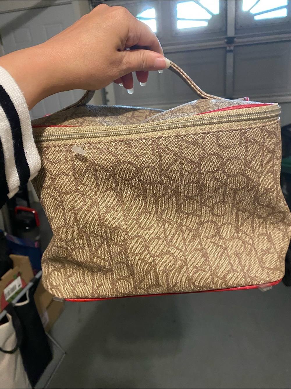 Calvin Klein Beige Logo Cosmetic Case with Red Trim and wallet